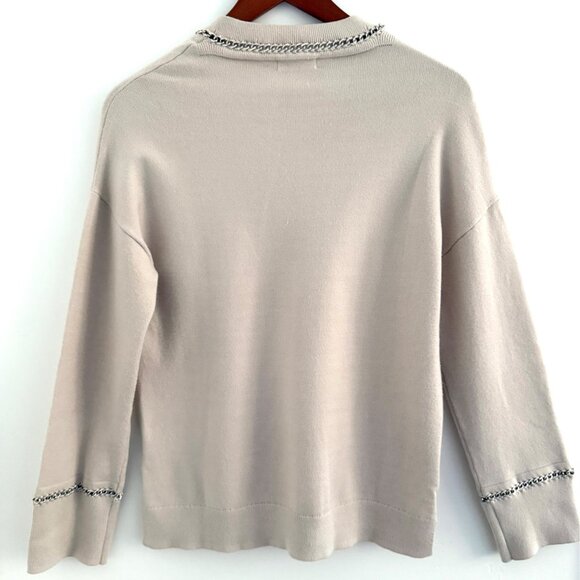 GREY Jason Wu Chain Trim V-Neck Sweater Beige S Minimalist Quiet Luxury Knit - Picture 3 of 11